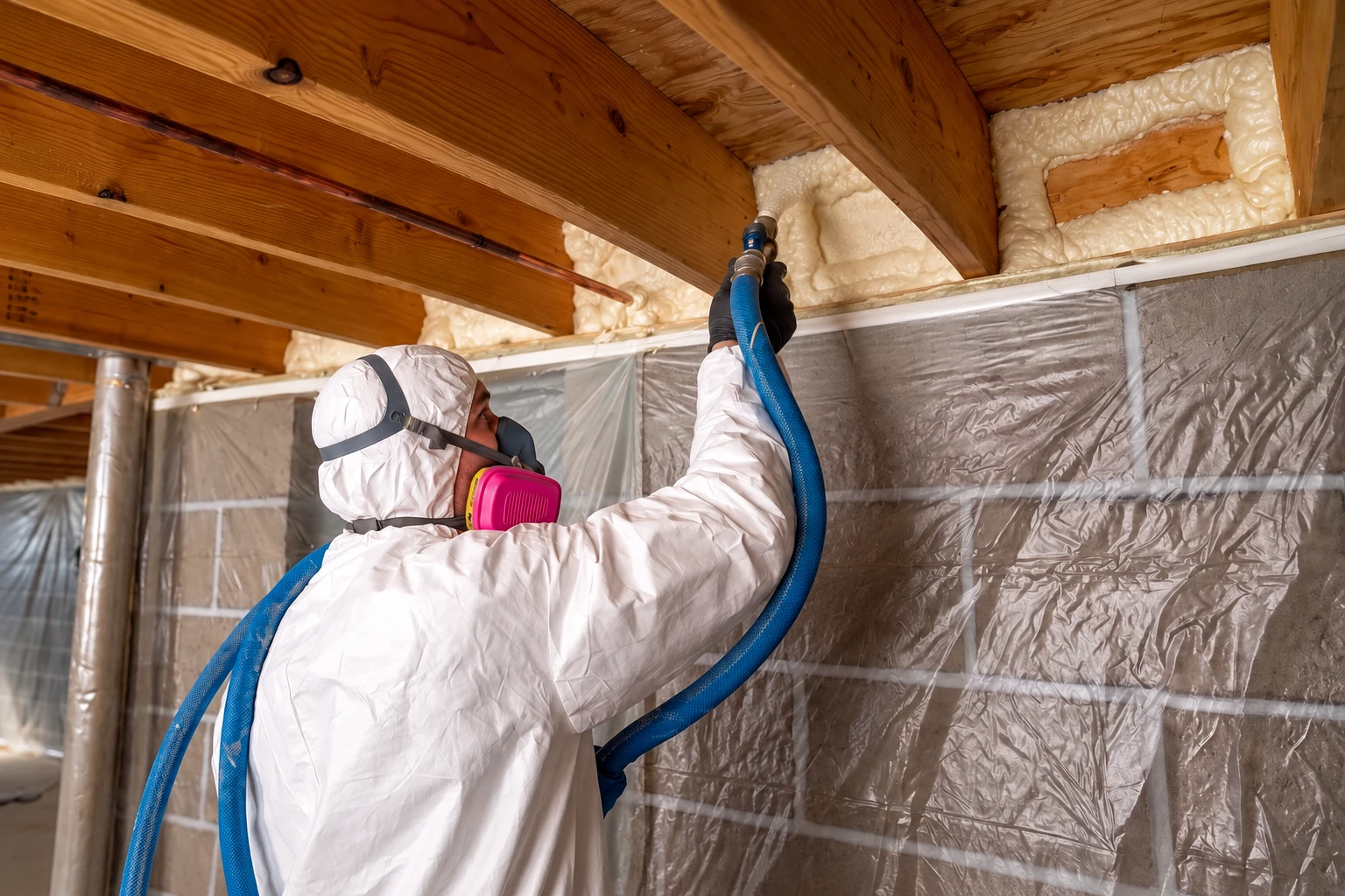 Worker wearing protective gear applies spray foam around framing above a plastic-lined basement wall.