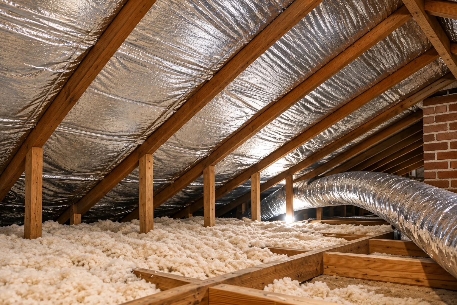 An attic shows reflective material between roof rafters, loose-fill insulation across the floor, and a large flexible duct.