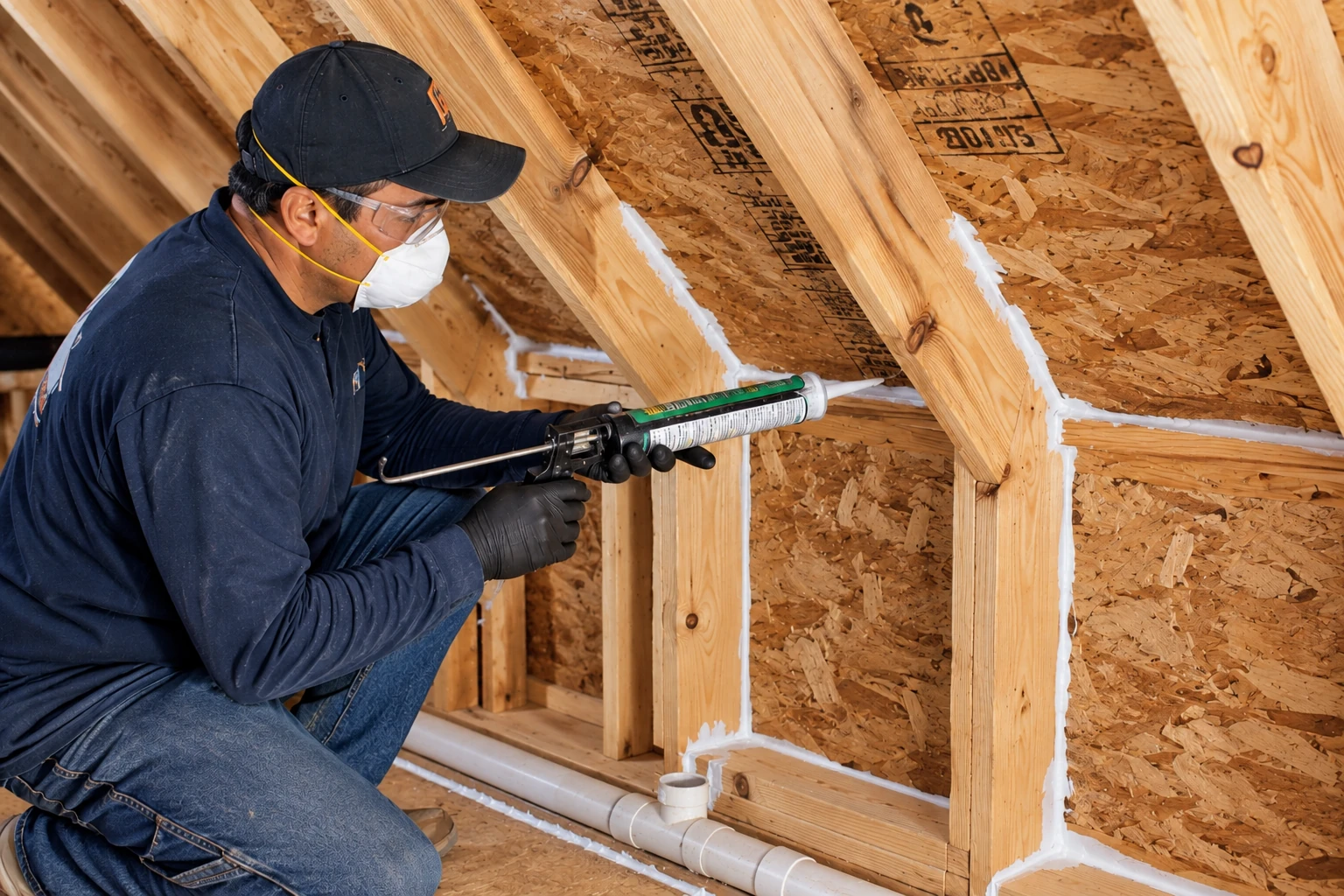 Worker uses a caulking gun to seal gaps between exposed attic rafters with white sealant.