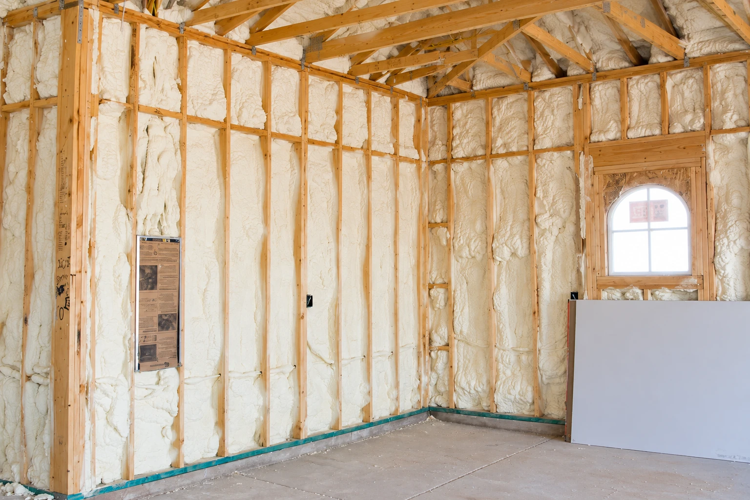 Unfinished room with white spray foam insulation filling wall and roof cavities between exposed wooden studs and rafters.
