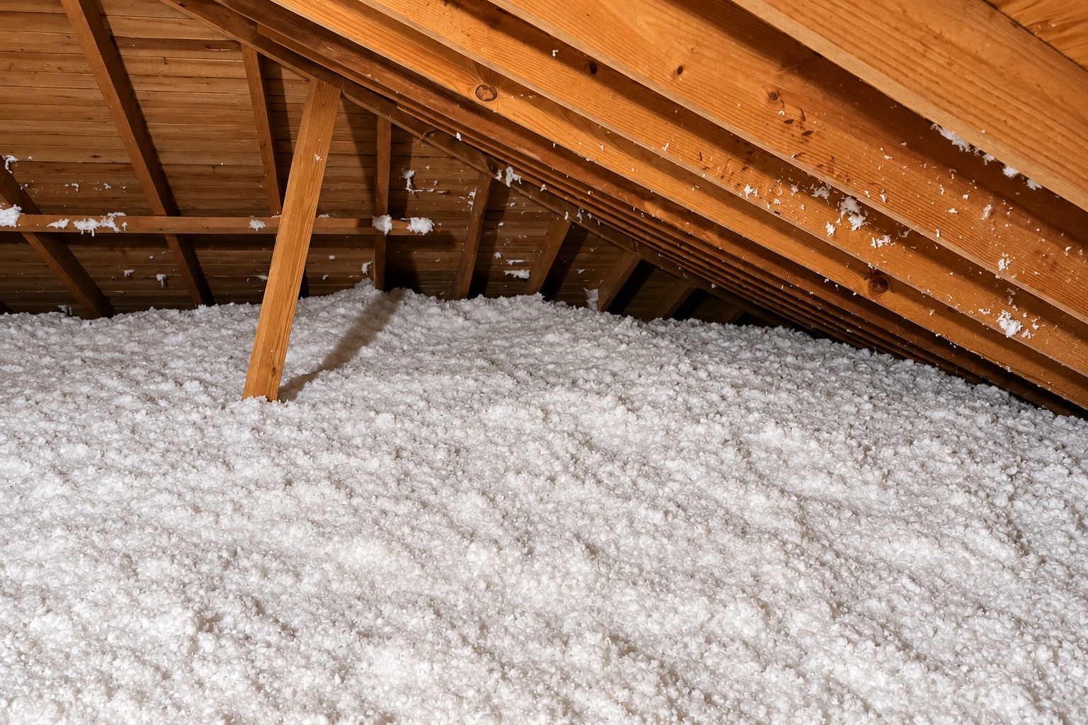 Thick white blown-in insulation covers the floor beneath the wooden rafters of an attic.