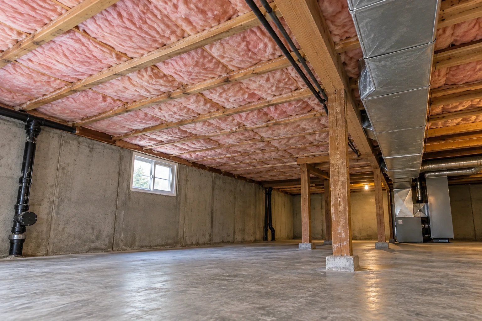 Basement with pink insulation between ceiling joists, exposed concrete walls, support posts, and metal ductwork.