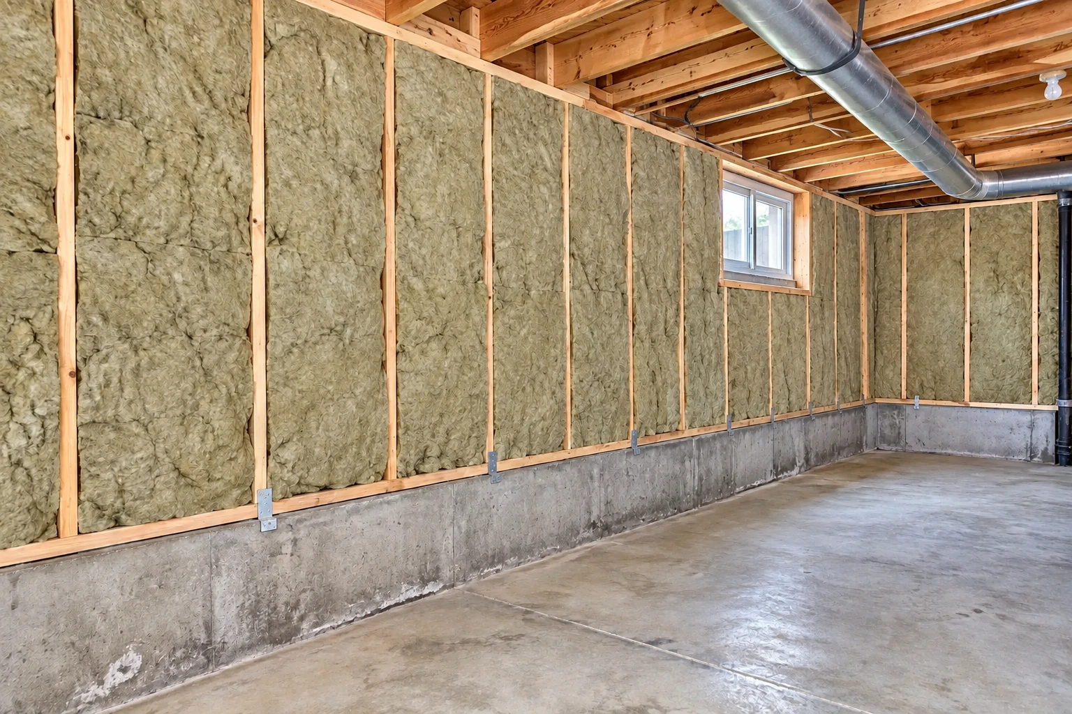 Mineral wool insulation fills the framed walls of an unfinished basement.