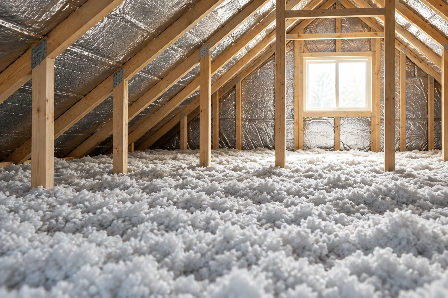 Attic with loose white blown-in insulation across the floor beneath reflective roof sheathing and exposed wooden rafters.