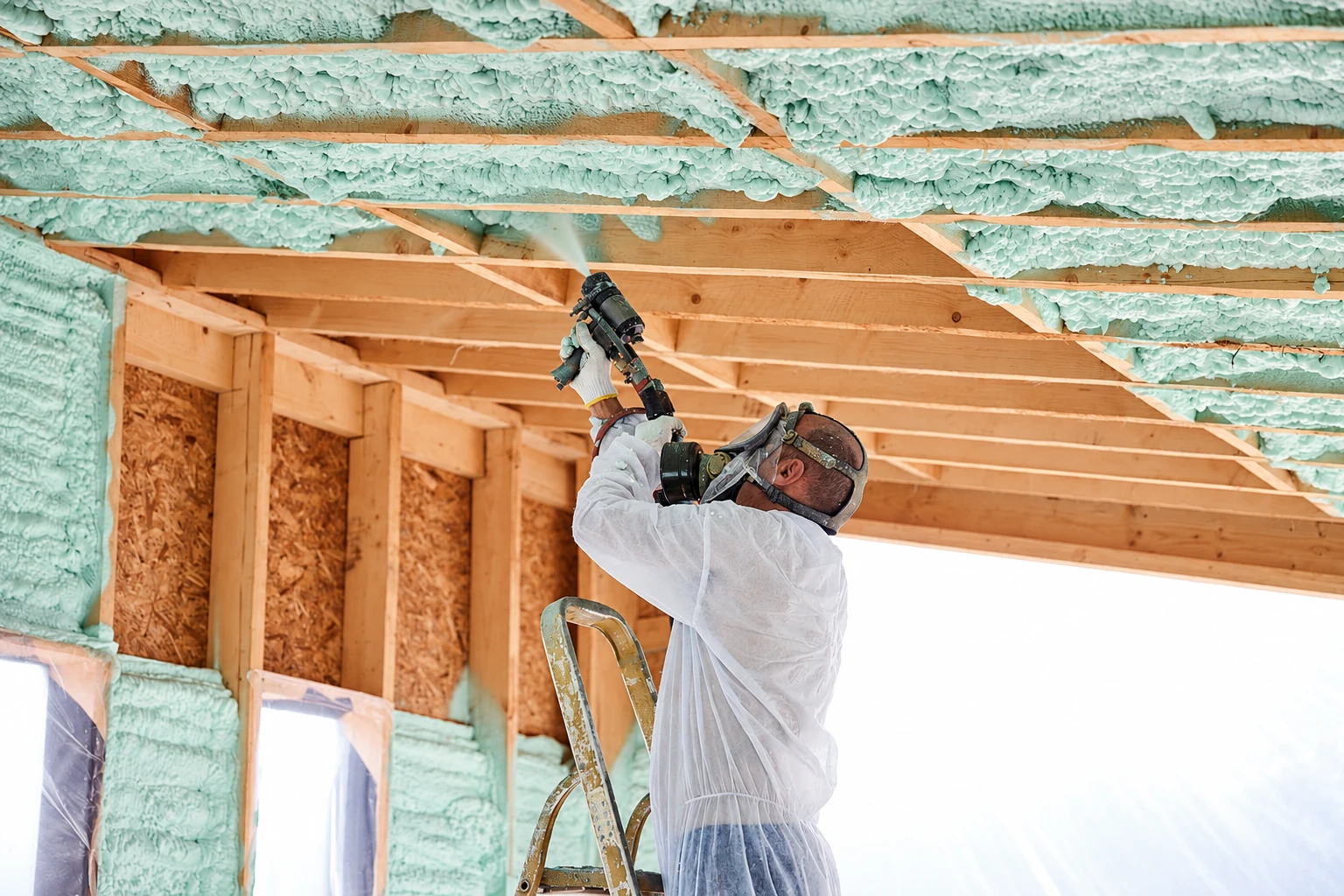 Worker in protective gear sprays pale green closed-cell foam between exposed roof rafters.