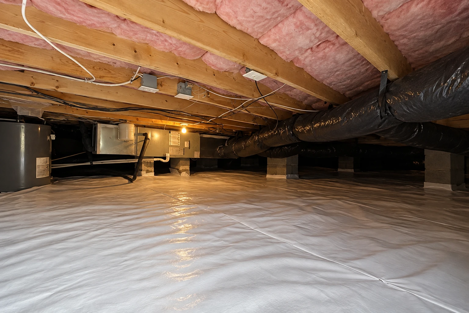 Crawl space with a white vapor barrier covering the floor, pink insulation between joists, and black ductwork overhead.