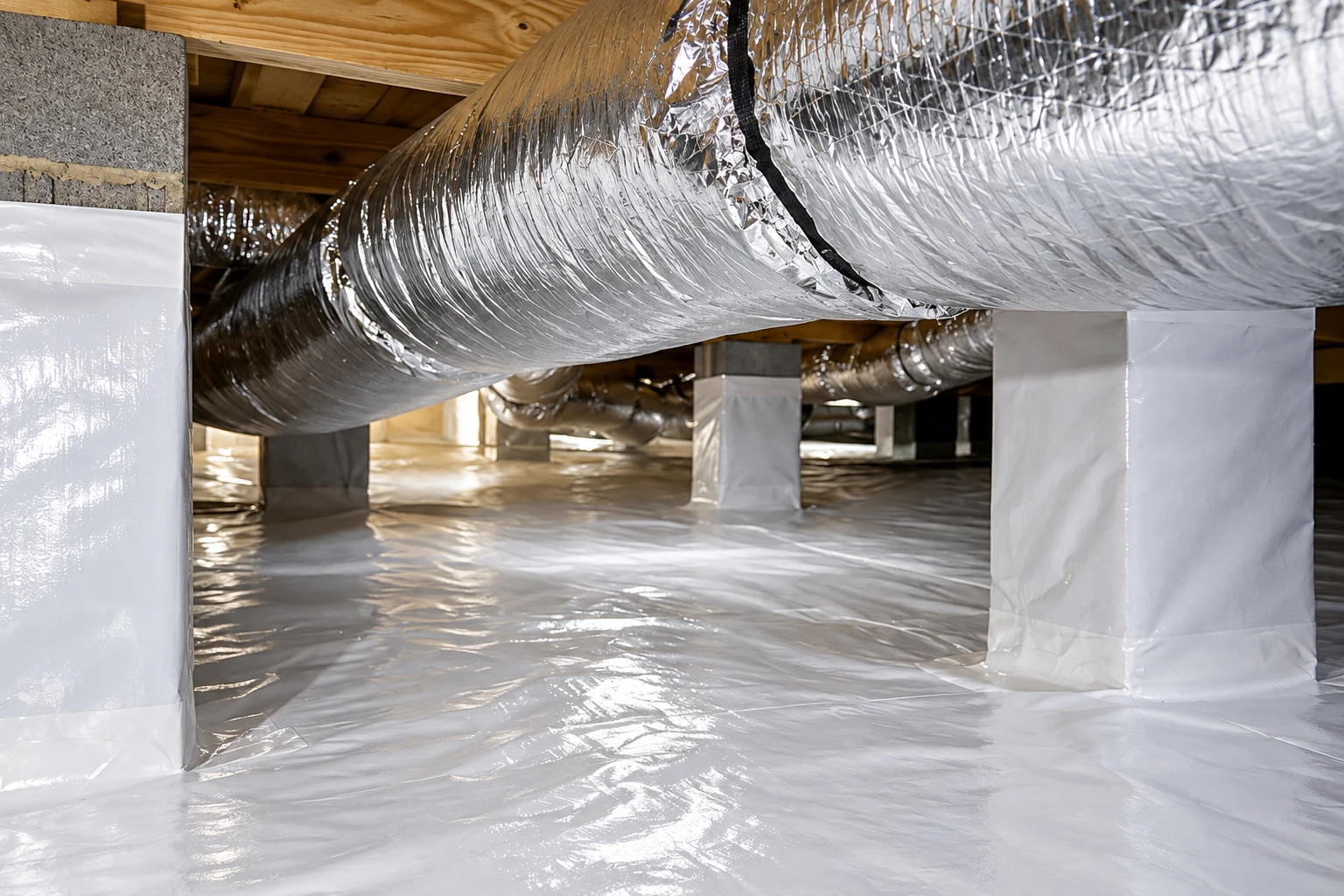 A crawl space has a white vapor barrier covering the floor and support piers beneath reflective insulated ducts.