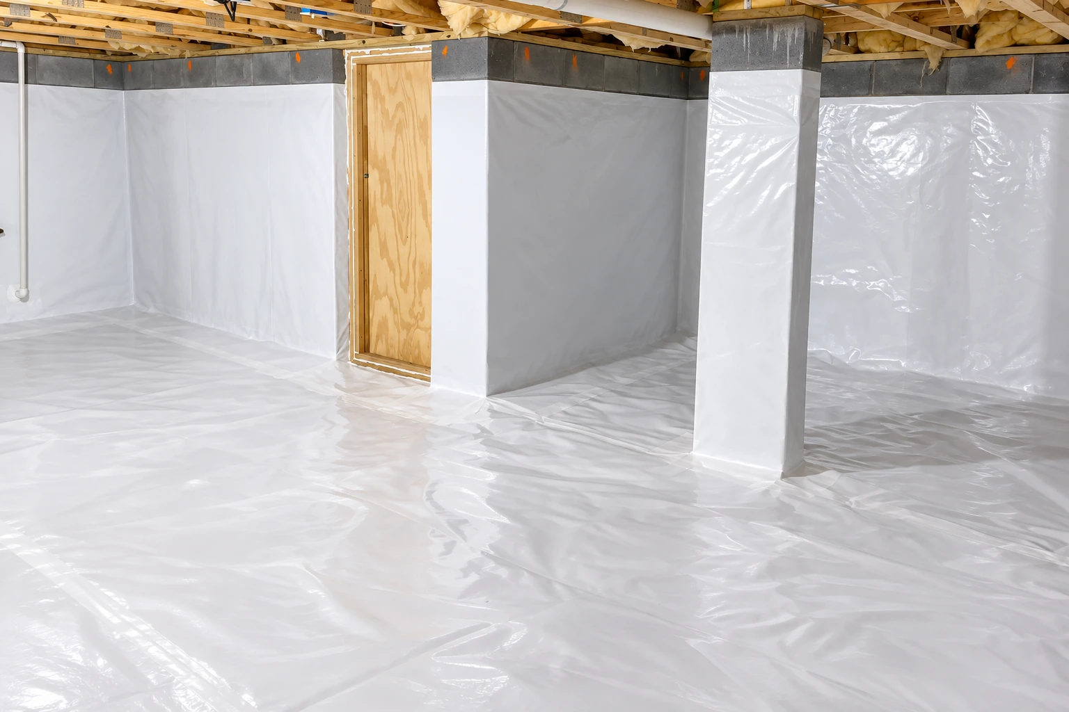 Crawl space with white vapor barrier covering the floor, walls, and support posts.