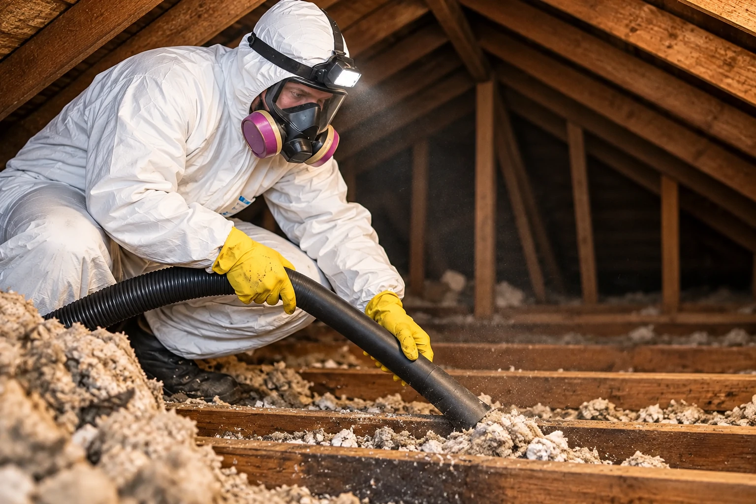 Worker in protective coveralls, respirator and gloves uses a vacuum hose to remove loose insulation from an attic.