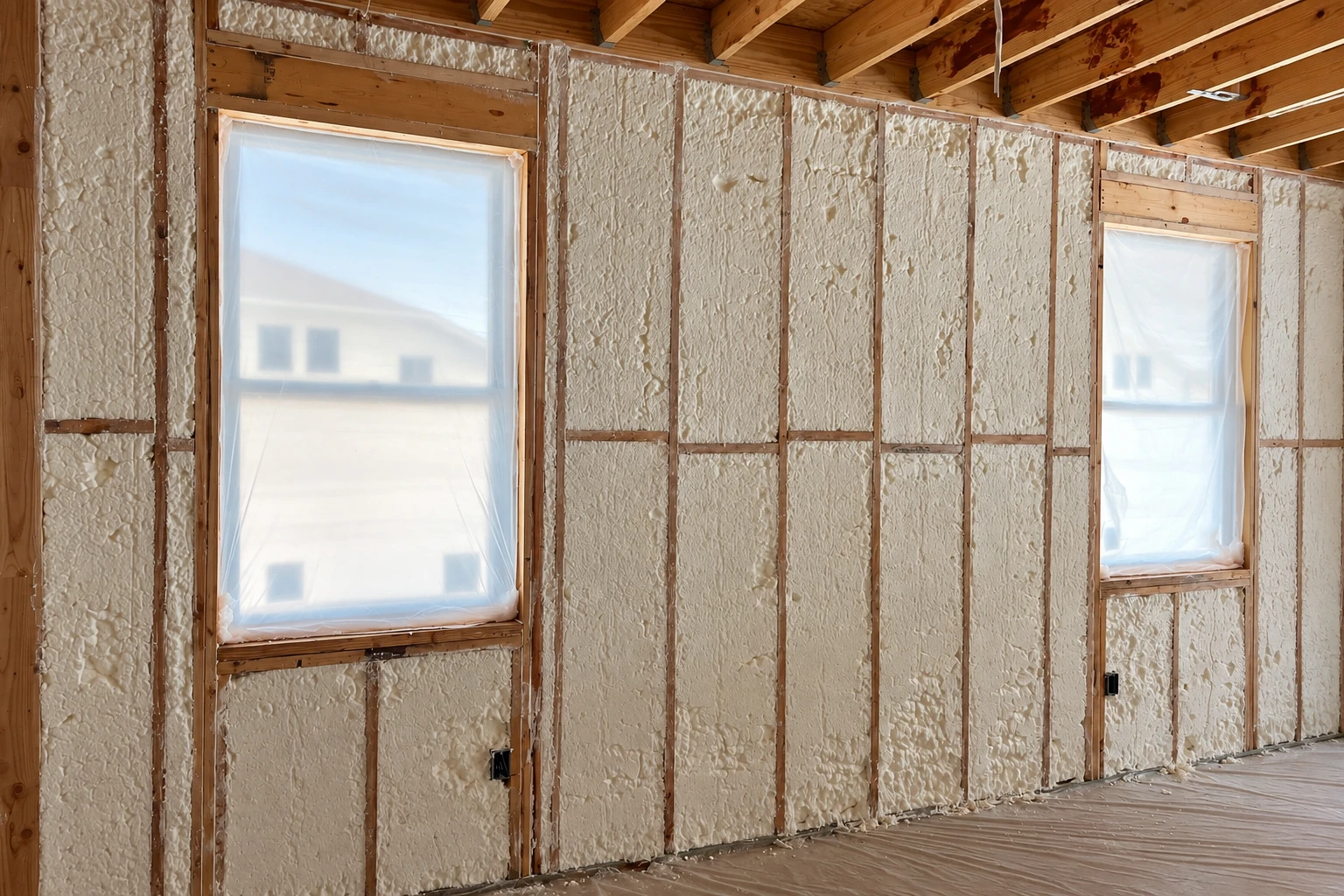 Open-cell foam insulation fills the exposed wall framing around two plastic-covered windows beneath unfinished roof beams.
