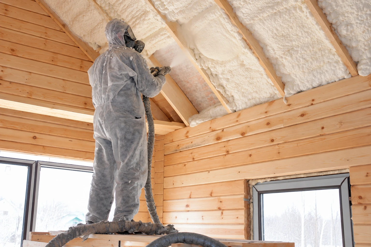 Worker in protective suit sprays white foam insulation into the ceiling of a wood-framed room.