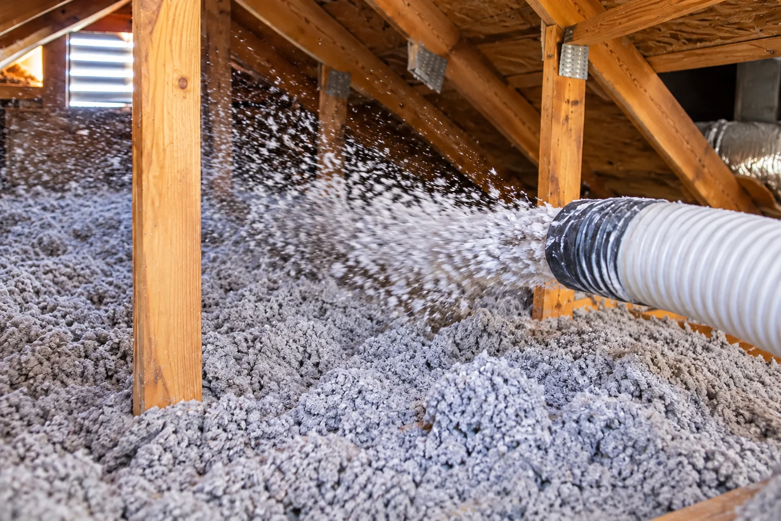 Blown-in insulation is sprayed from a large hose across the floor of a wood-framed attic.