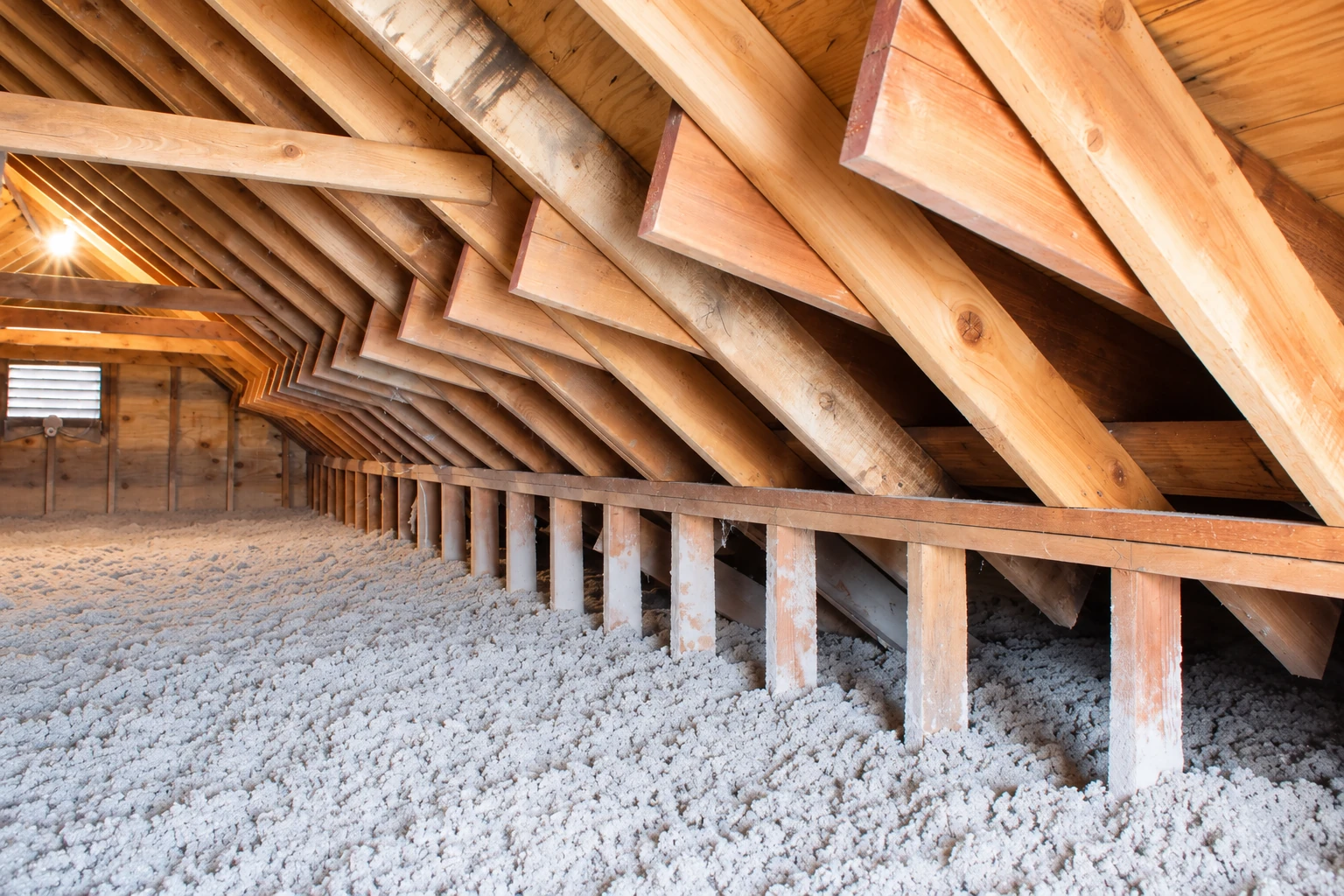 An attic floor is covered with loose gray insulation beneath exposed wooden roof trusses.
