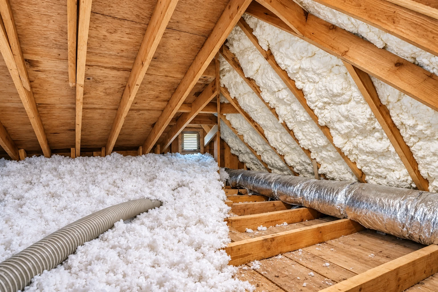 Attic with white blown insulation covering the floor and spray foam filling the roof rafters beside exposed wood framing and ducts.