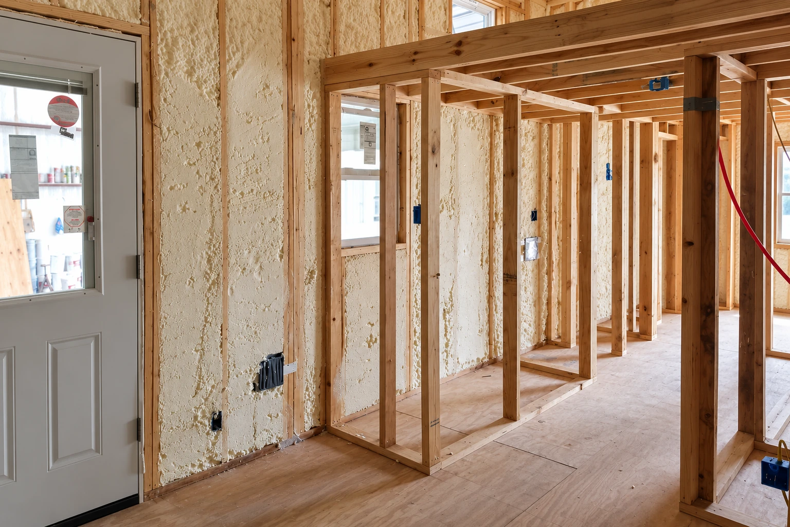 Unfinished room with exposed wood framing and pale spray foam insulation filling the wall cavities.