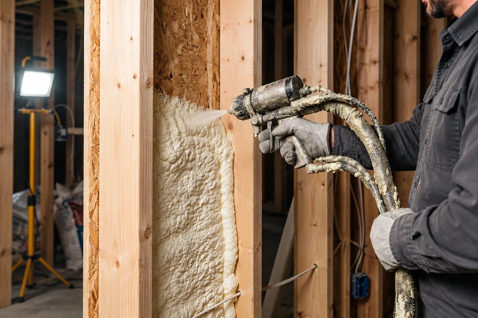 A worker sprays foam insulation into a wall cavity between exposed wooden studs.